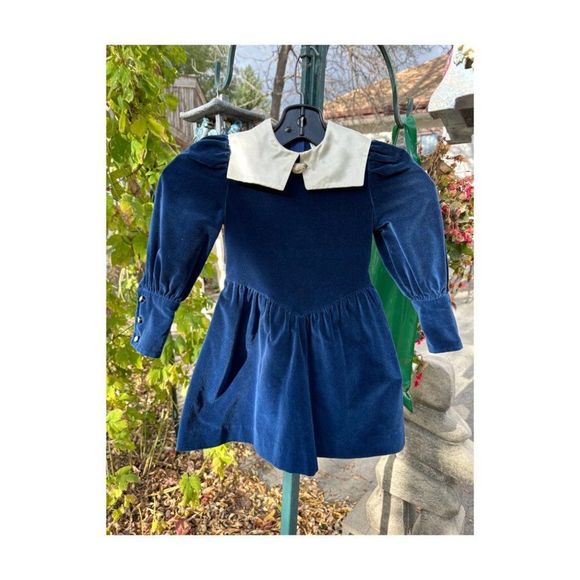 Vtg 70s Manhatten Blue Velvet Party Dress Ivory Satin Sailor Collar Princess Sz - Picture 1 of 10